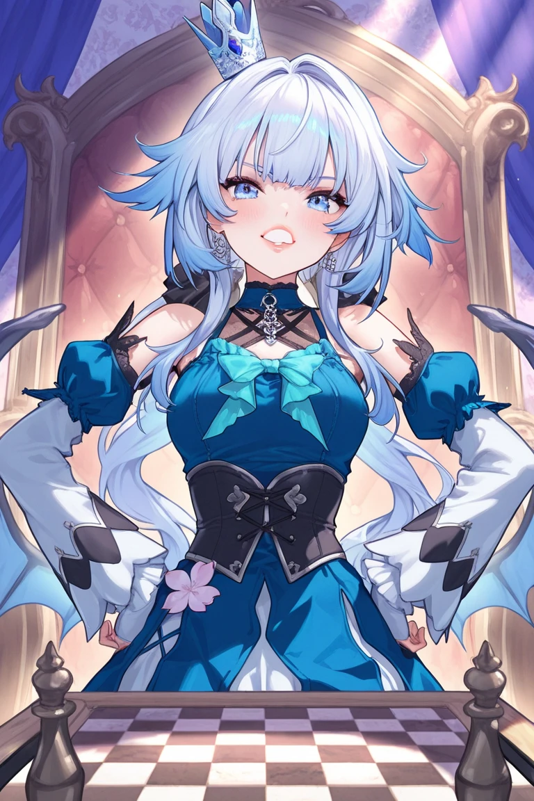 NSFW,Front view,Squatting,Spread legs,lovejuice Dripping from the crotch,Collar, Love hotel room,(Heavy breathing,saliva,blush, sweat, Sweaty and wet all over,Steam,)cum dropping pussy,(Show off your crotch by opening your crotch in a crouching posture,)pov, Looking at Viewer,((1girl,Solo, Long hair, Purple eyes, head fins, Grey Hair, Blue hair, multicolored hair, Small breasts, Blue Dress, Detached sleeves, sleeves past wrists, tiarra,scheiren,))