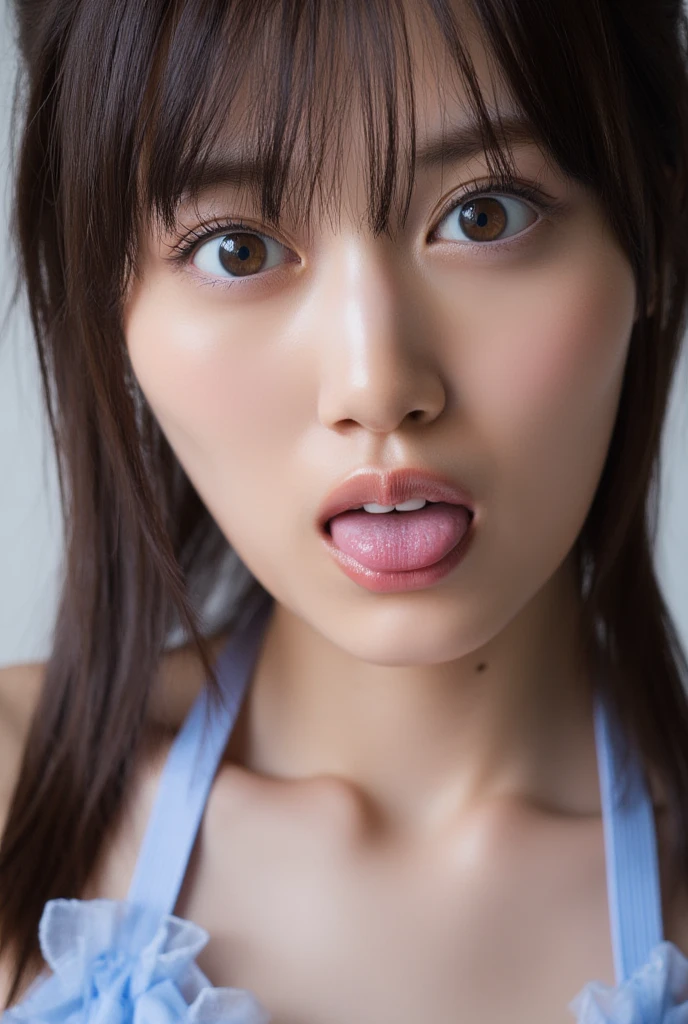 NSFW, ((sunset, Realistic, Best quality, 8K, Masterpiece: 1.3)), Clear focus, face close up: 1.2, 1girl, Perfect Body Beauty, ((black Hair, Big Breasts)), (Open Mouth and Tongue Sticking Out: 1.8), (naked), (floor, laying down), Super Fine Face, Fine Eyes, Double Eyelids,