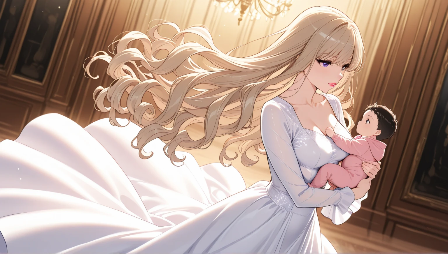 ((Highest quality)), ((masterpiece)), (detailed), (Perfect Face)、The woman was Princess Leona, with long light brown hair and a gorgeous, glittering wedding dress and wedding veil.、On a luxurious, large bed, a woman is having sex with an old man in a white tuxedo from behind.、The woman has long hair