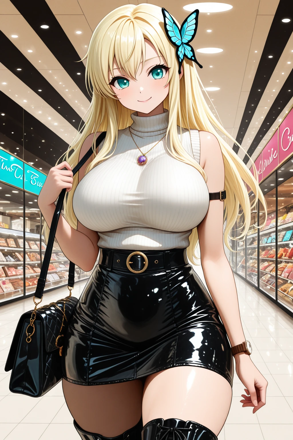 , lace, ((blonde hair)), seductive smile, (orange skin), (tan skin), ((dark skin)), twin tails, pink pompom hair ornament, impossible clothes, masterpiece, yellow eyes,), (full pink lips), intricate detail, long hair, hime hair, gyaru, (jirai kei), sidelocks, huge thighs, doll face, Solo, 1girl, miniskirt, pink ribbons, black thighhighs, mature, bodycon, ((shopping bags)), money, big chubby belly, massive fat breasts, deep cleavage, very wide fat hips, very thick thighs, massive wide round tall fat ass, big bloated belly, big overstuffed belly, she cant stop eating, expanding body, rapid weight gain, wardrobe malfunction,