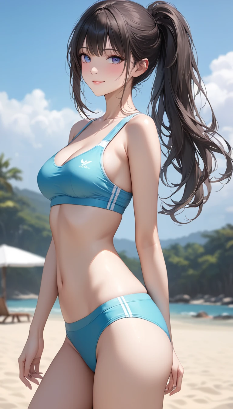 18 year old beautiful girl, ojos grandes, senos grandes, delgada, Small, 8k, calidad superior, (Cabeza muy detallada: 1.0), (cara muy detallada: 1.0), (cabello muy DetallaDo: 1.0), Arte oficial muy detallado, Estilo de arte Anime Moe, Arte de anime limpio y detallado, They are smiling, cabello negro, cabello largo y liso, pecho desnudo, Ushiwakamaru, Ruso, caderas grandes, perfecto, small waist, vista de espaldas, small ass, Bragas blancas, sentada de rodillas, de espaldas, sportwear
