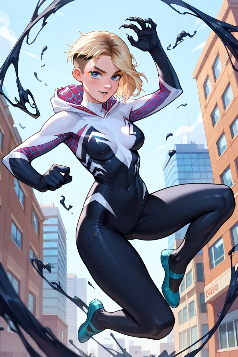 (work of art),best qualityer, blue colored eyes, medium breasts, average ass, sultry eyes, view from the top, spidergirl on top of a building in an action pose, dynamic pose, cowboy framing, nighttime city,