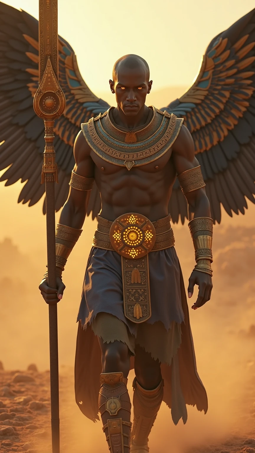 A stunningly realistic, (8K high-resolution:1.5) book cover for the dramatic science fiction novel. At the top of the image, the main title in text says ('GODS OF THE SERENGETI':1.3) and the subtitle reads ('FEATHERED DAWN: ORIGINS':1.3) in bold, elegant font, with correct letters and spelling, prominently displayed. The cover showcases an awe-inspiring human-avian bird deity with African genetic and phenotypic features and a regal presence. He stands tall, holding a (futuristic Ankh staff:1.2) with elaborate (feathered wings:1.5) and donning high-tech, sci-fi armor adorned with intricate patterns. The background reveals a (fantastical landscape:1.4) with (floating pyramids:1.3), vibrant skies, and distant mountains. The color palette is natural and rich, creating a mystical and epic atmosphere. The author's name is at the bottom of the image, the text reads ('TERRANCE JAMES':1.2) in matching elegant typography. The high-resolution image boasts an unparalleled level of detail, showcasing the soft, expressive, and highly detailed face of the awe-inspiring human-avian bird deity (actual:1). Every pore and vein on his face is visible, reflecting the photo-realistic quality. The natural color, 16K Ultra HD, 3D rendered image, powered by Unreal Engine v5.2,