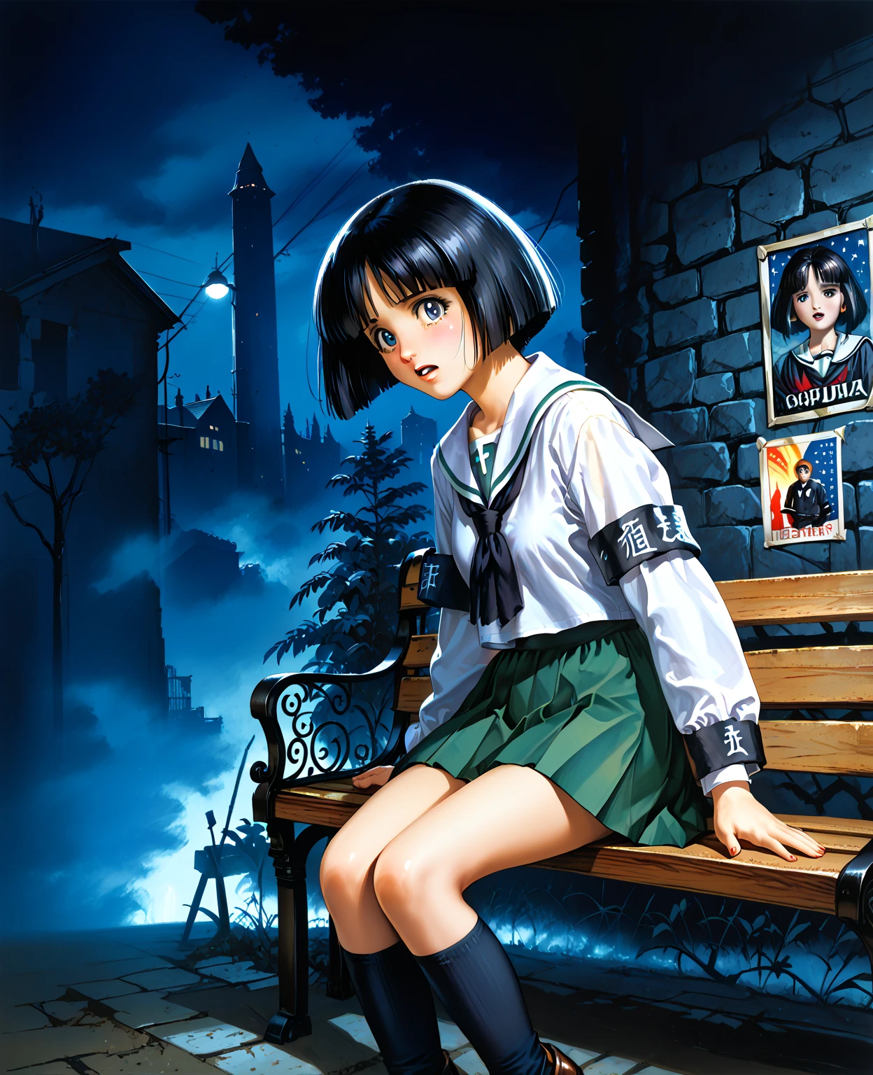 pulp magazine style,1girl, black hair, short hair, blunt bangs, black eyes, bob cut, blunt ends, armband, ooarai school uniform,white sailor collar,black neckerchief,white shirt,long sleeves,green skirt,black socks,loafers,anime girl sitting on bench, bob cut, straight bangs, scared expression, looking off-frame in fear, night setting, ominous sky, gothic horror atmosphere, dramatic lighting, surrounded by shadows, pulp magazine cover style, vintage horror illustration, 1940s painted style, intense colors, retro poster
