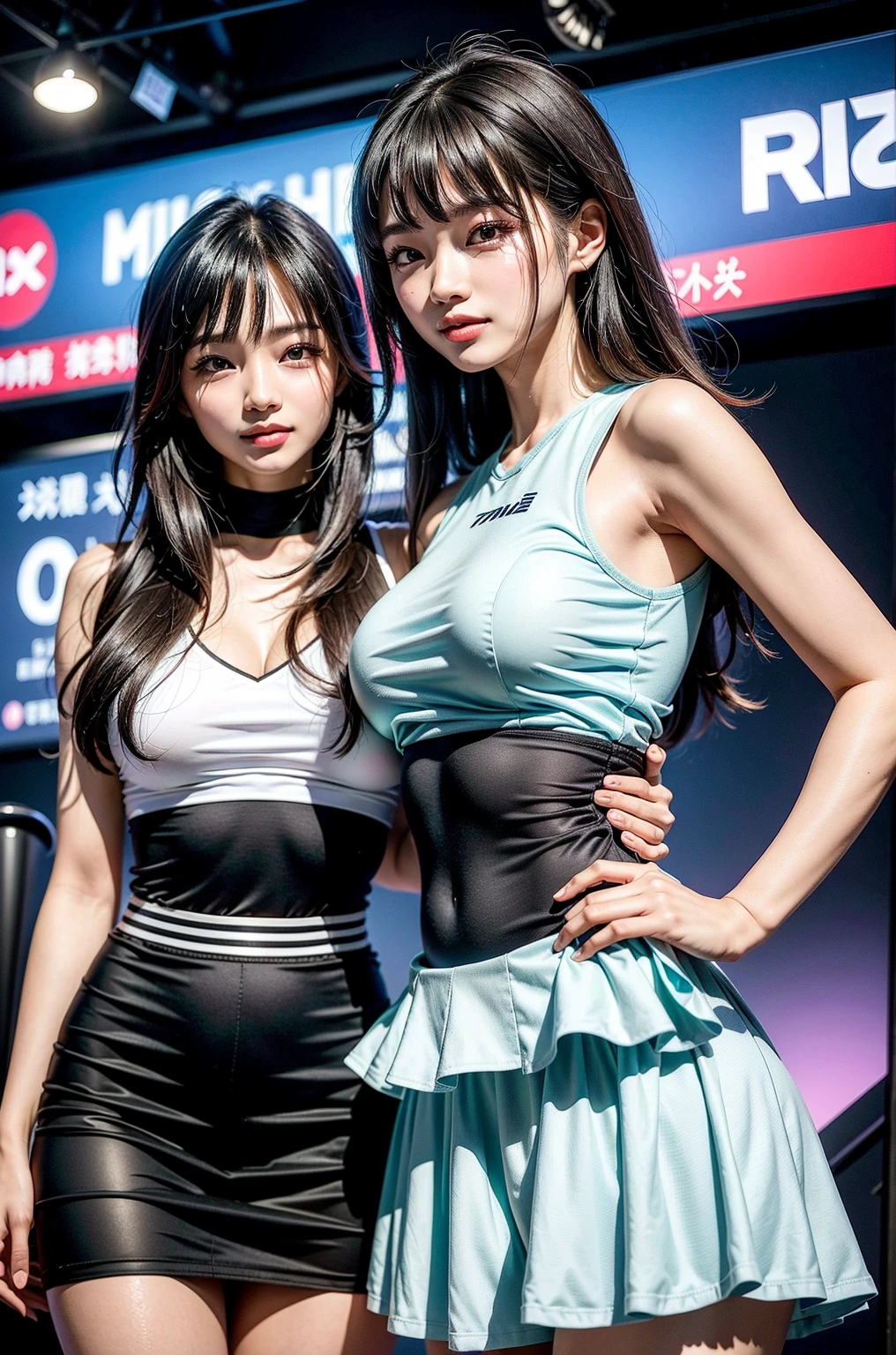 Super detailed photos、Detailed face、Lip gloss、Cool woman、Colorful costumes、F1 Driver Cosplay、Colorful costumes、Clothing with company logo、Grid Girlsのカラフルで派手な衣装、Grid Girls、Perfect Face、Paddock Girls、Harem、motor Show、tights、Bodycon Costumes、Grid Girls、Russia、Grid Girlsのコスプレ、belly button、Pleated skirt、Bodycon Costumes、Legs open pose、Spread your legs to show your crotch