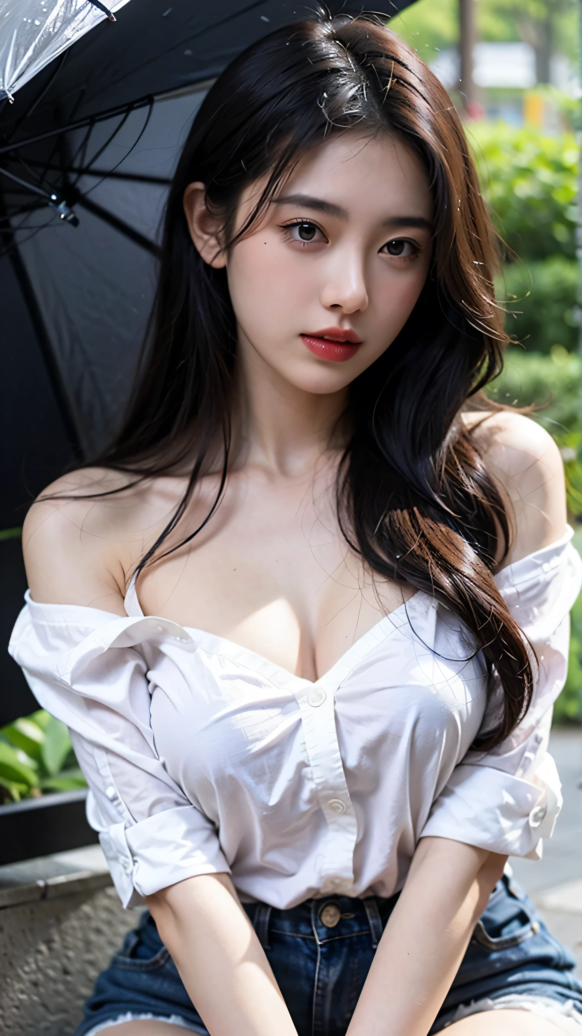masterpiece, best quality, detailed, 8k, 4k, highres, A realistic texture of an 18-year-old Asian girl, well-dressed, tall and slender body, hot summer weather, very detailed facial and skin texture, beautiful eyes, long eyelashes, double eyelids, fair skin, happy, large breasts, it is raining, her clothes are wet, vacant eyes
