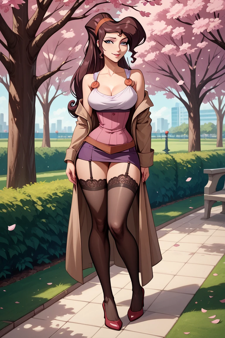 (best quality,4k,High resolution,Extremely detailed,Practical:1.2), , Big buttocks, huge ,((Large Breasts、Breast sagging、Low-cut,Cleavage ,Wide hips,)))((Long legs)),Hourglass figure)) Brown short hair, Green Eyes, Pink shirt, Social Skirt, High heel, (1 female), Idle pose, whole body.