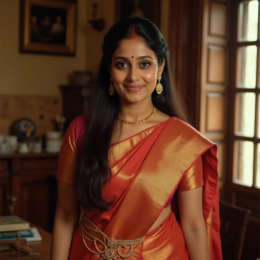 Indian woman, saree, taking a mirror selfie in a changing room, onoff, best quality, both eyes are the same, perfect face, hd, 2k, 4k , 8k, 16k, monochromatic, smiling, tall,anatomically correct, bright light,