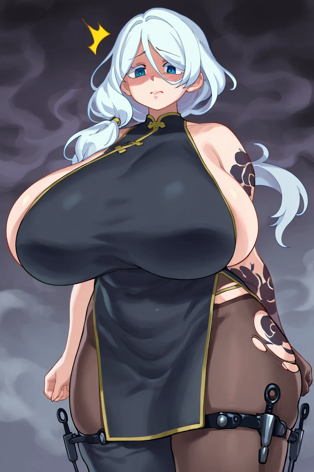 score_9, score_8_up, score_7_up, score_6_up, score_5_up, score_4_up, solo, necromancer lady, white hair, long fluffy side locks, hair tubes, big thick full lips, ((pouted lips)), ((mature woman)), ((NSFW)), sexy, gold bracelets and necklaces, ((body jewelry)), topless, (((hooded cloak))), tattered black cloak, tattered pelvic black curtain, ((blindfold)), pelvic curtain, sandals, (((gigantic breasts))), ((sagging breasts)), big nipples, wide hips, thick thighs, intricate details, detailed background, sharp focus, ((underground tomb)), ((dark souls mixed with final fantasy style)), mist fog, gravestones, dynamic, expressive, bleak world, (((close up shot))), floating ghosts,