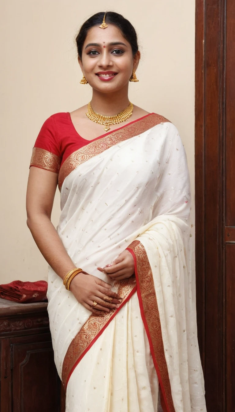 Indian woman wearing wearing (onam saree), (young woman), 25 years old, (curvy figure:1.3), (eyeglasses), (bindi), An Indian beauty, charismatic, light Indian- skin, view the viewer, naughty smile, luxurious villa in background, both eyes are the same, full-body shot, hd, 2k, 4k , 8k, slim belly, side view