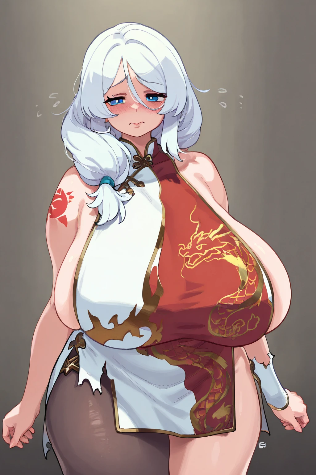 (tmasterpiece,best qualtiy),((1girll,(a matural female)long whitr hair),(Dragon's horn)),(arms behind the back,looking at viewert,Light smile,cropped shoulders,cowboy lens),(color difference),Pregnant women with,huge tit,Showing the belly