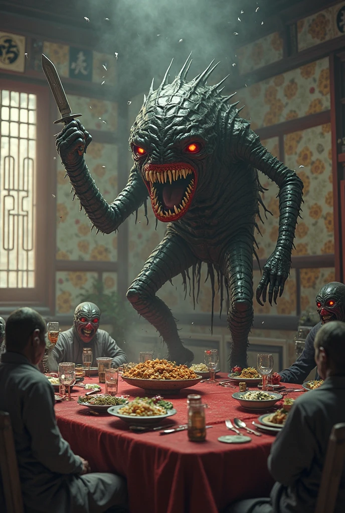 A family of kaiju deciding which city to attack, one kaiju in a maid uniform tidying their lair, hyperrealistic, 8K, extremely detailed, intricate details, photorealistic, masterpiece, cinematic lighting, dynamic composition, muted color palette, moody atmosphere, dramatic shadows, awe-inspiring scale, kaiju with expressive faces, maid uniform with delicate lace and ribbons, lair with intricate architecture and advanced technology, cityscape in the background with skyscrapers and landmarks