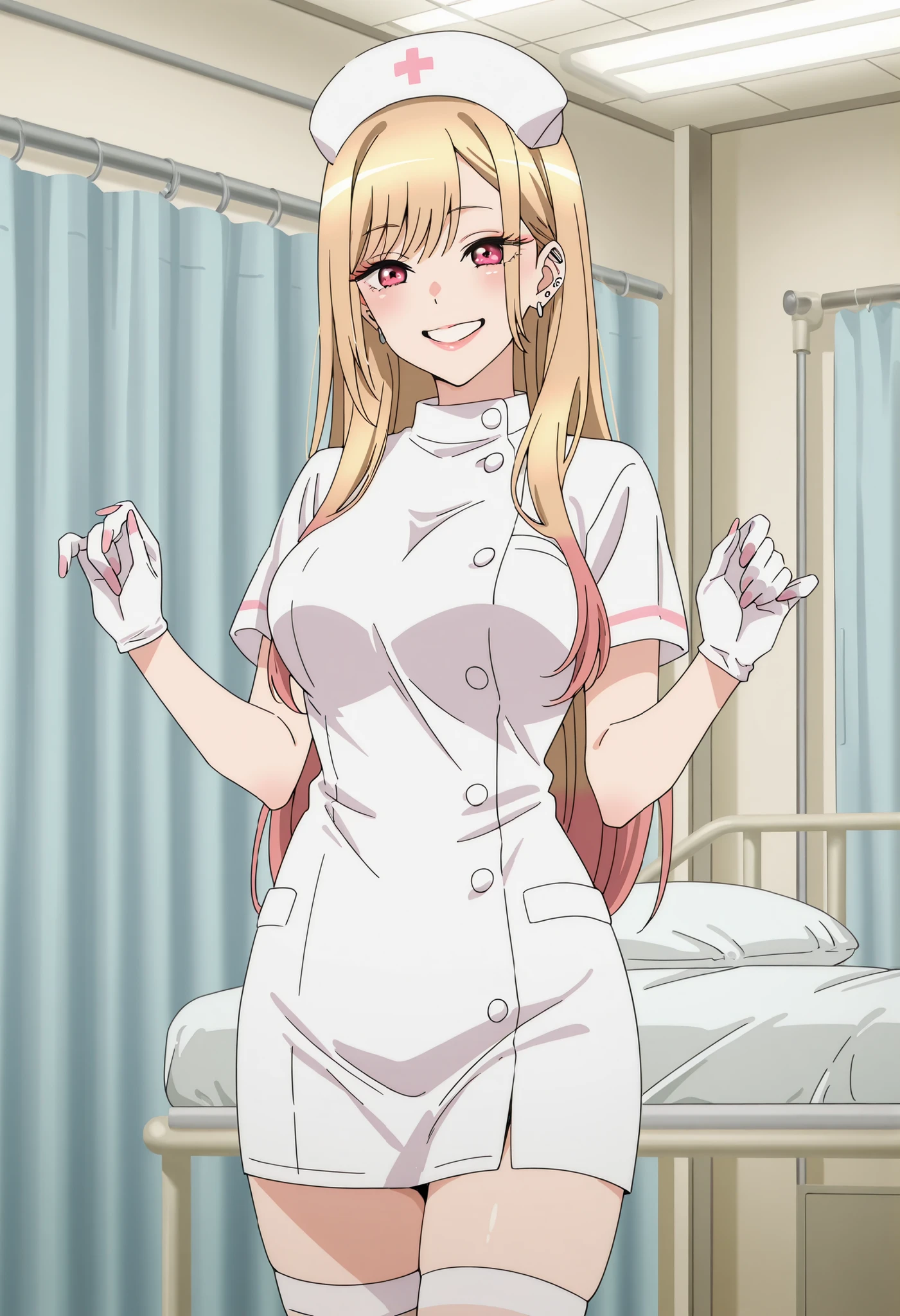 Score_9, score_8_up, score_7_up, source_anime, Marin Kitagawa, 1girl, solo, blonde hair, long hair, multicolored hair, red eyes, earrings, ear piercing, large breasts, (best quality), (high quality), {masterpiece}, extremely delicate and beautiful, ultra-detailed, beautiful detailed eyes, nurse, nurse hat, ((white nurse's outfit)), white gloves, white thighhighs, hospital room, smile, teeth, pink lips, standing