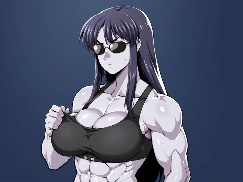 1 milf, long black hair, very big breasts, wearing glasses, six pack abs, mad