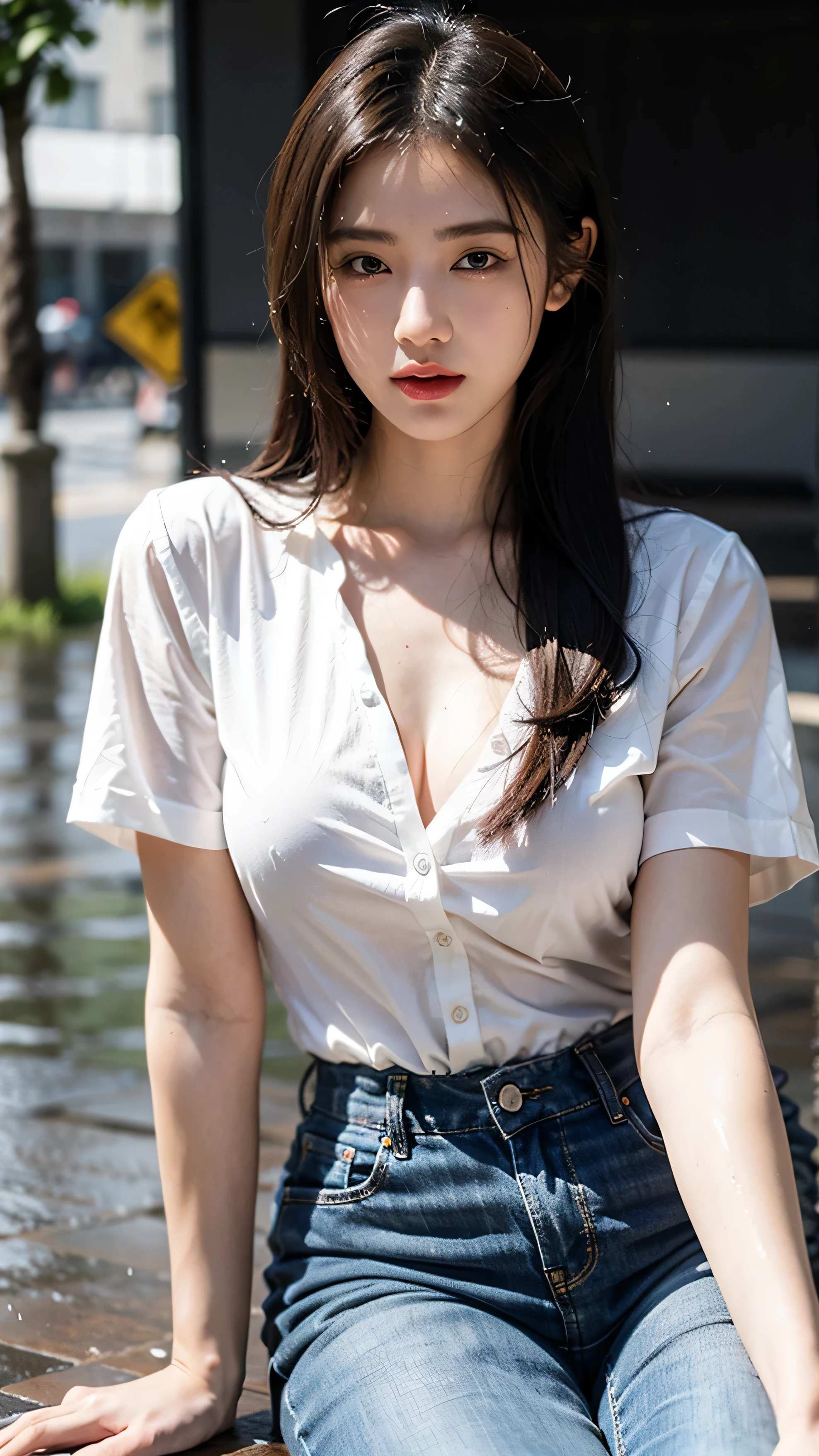 sologirl,Back alley in heavy rain,Drenched bad girl,piercings,a necklace,(White V-neck T-shirt with large dowels emphasizing drenched breasts:1.3),(Drenched, Torn and tattered damaged jeans:1.3),(The whole body is soaking wet,Rainwater dripping from the face,Wet face,wetting hair,Wet and glowing skin,Soaking wet costumes,),(Shiny silver and orange hair,Short ponytail),(The composition of the princess's face,big eye,Pointed lips,red lipsticks,Cute round face,A smile that makes the viewer happy,blushing with embarrassment,red blush,),(Bold poses,(The 8k quality,masutepiece,top-quality,Ultra-high resolution output image,),intricate detailes,(Highly detailed raw photos:1.3),(Image Mode Ultra HD),crouching down,