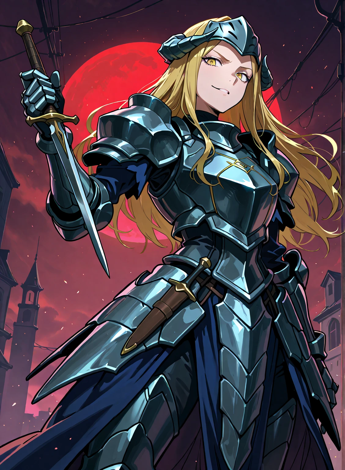 dark fantasy, warrior woman, ominous smile, blue eyes, blond ponytail hair, dark armor, dynamic pose, medieval battlefield, medieval city on the background, (masterpiece), best quality, high quality, extremely detailed, expressive eyes, perfect face, dark, night, lot of blood, covered in blood, <lora:fantasyV1.1:0.7>