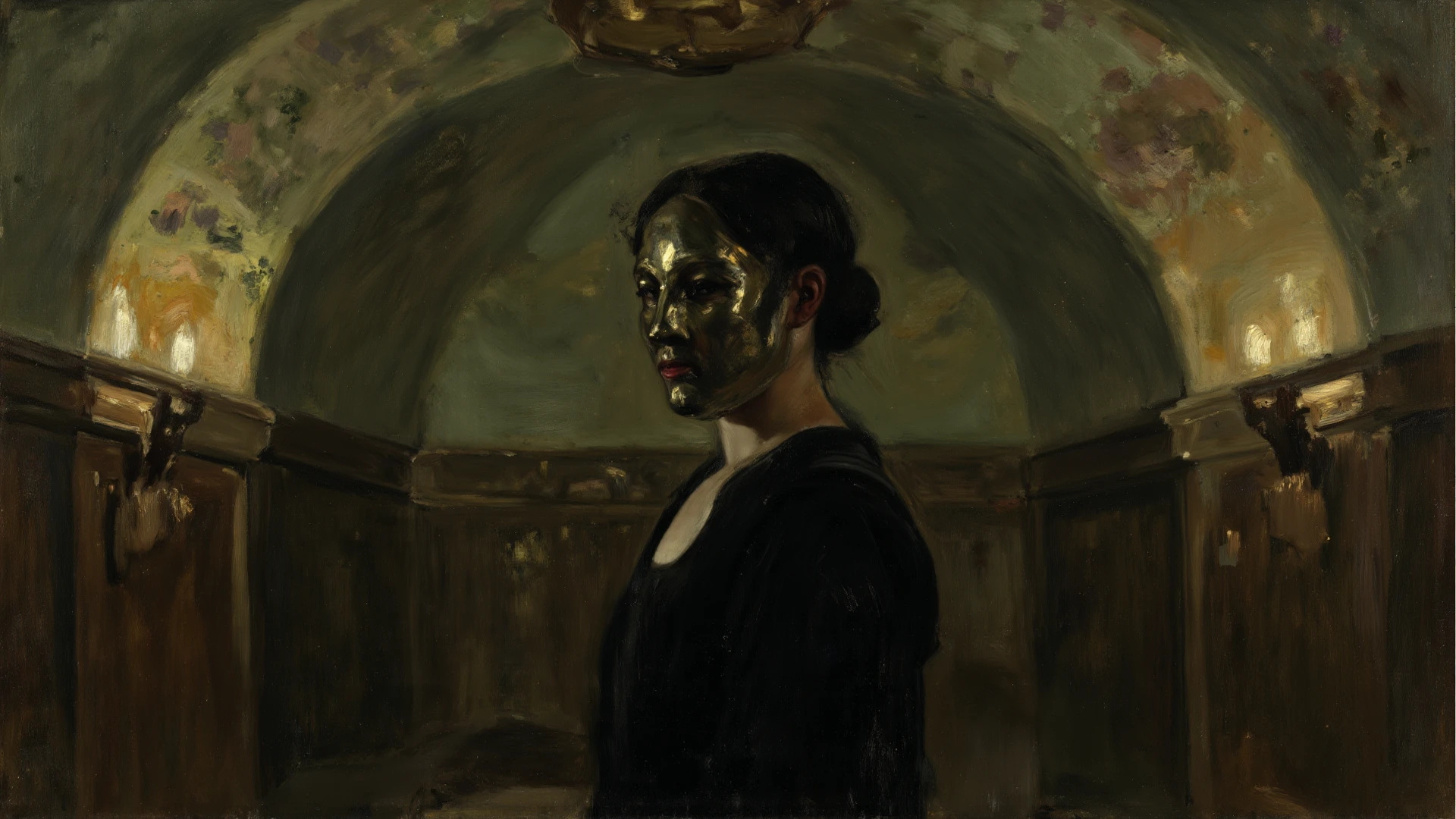 painting of a woman holding a mask and a mask in her hand