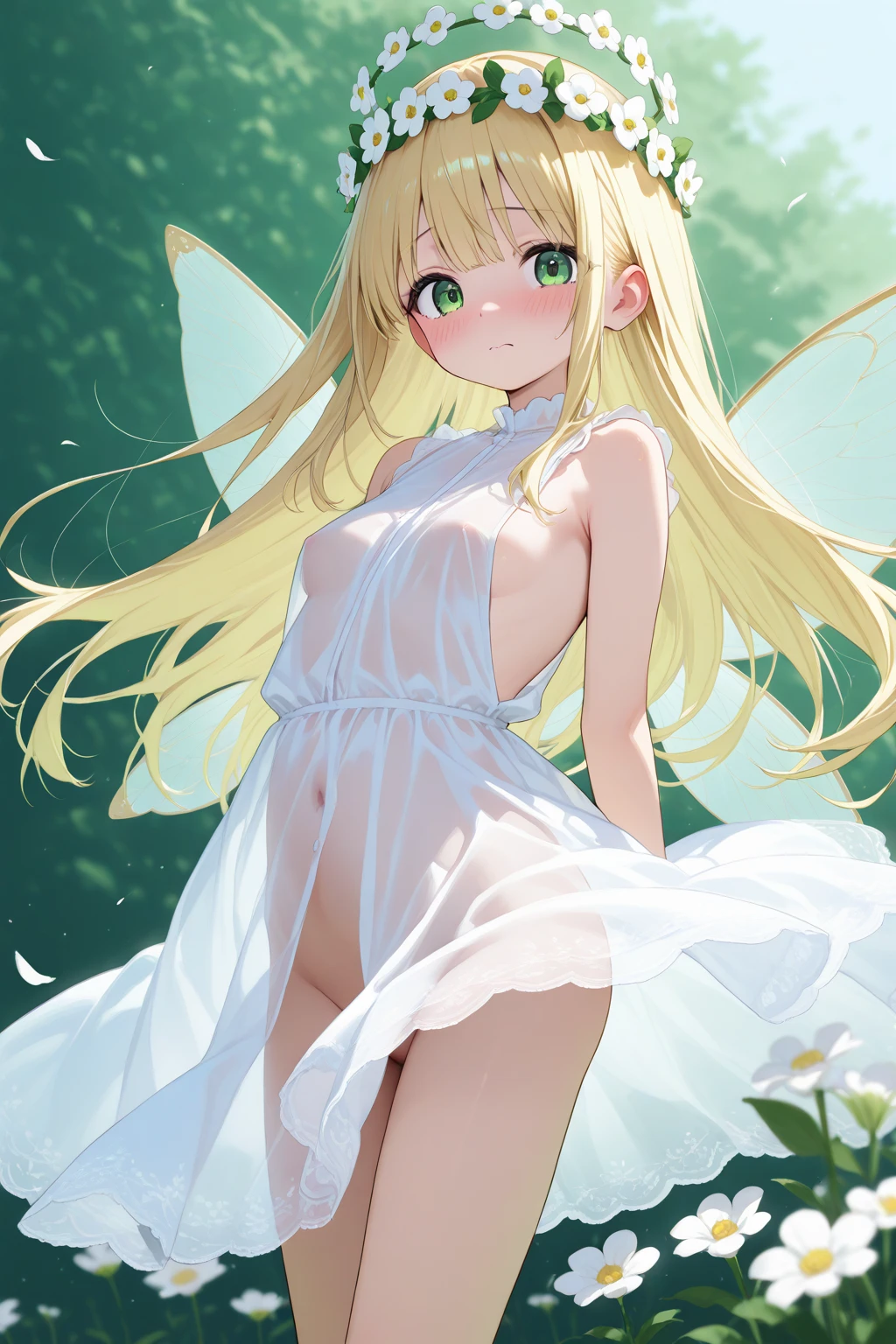 Showing the whole body, cute, baby face, big breasts, flying in the sky, in the forest, simple white dress, long hair, alone, short, fairy wings, honey blonde hair, orange eyes, flying