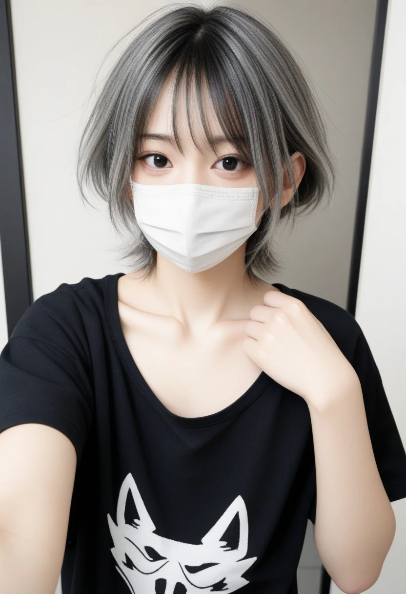 Anime with Black Shirt and Short pants, White hair, Use A mask
