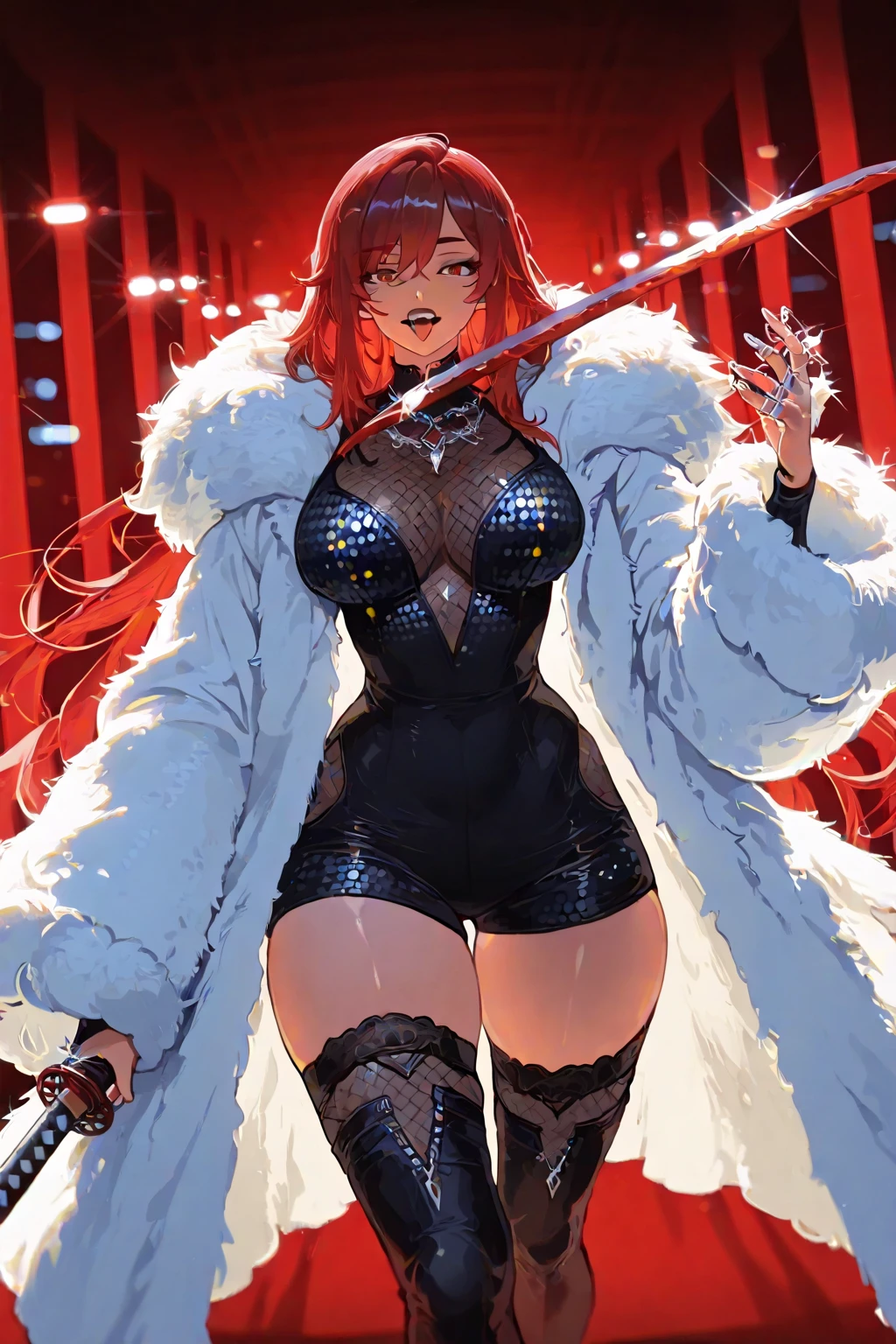 (masterpiece:1.2), (highest quality:1.2), 1gir, solo, breasts, red-hair, blue-eyes, dark-skinned-female, ((dark-skin)), huge-breasts, muscular-femal, smile, ((simple-background)), thighs, very-long-hair, full-body, thick-thighs, looking-at-viewer, fur-trim, high-heels, boots, over-shoulder, standing, belt, weapon-over-shoulder, hair-ornament, ahoge