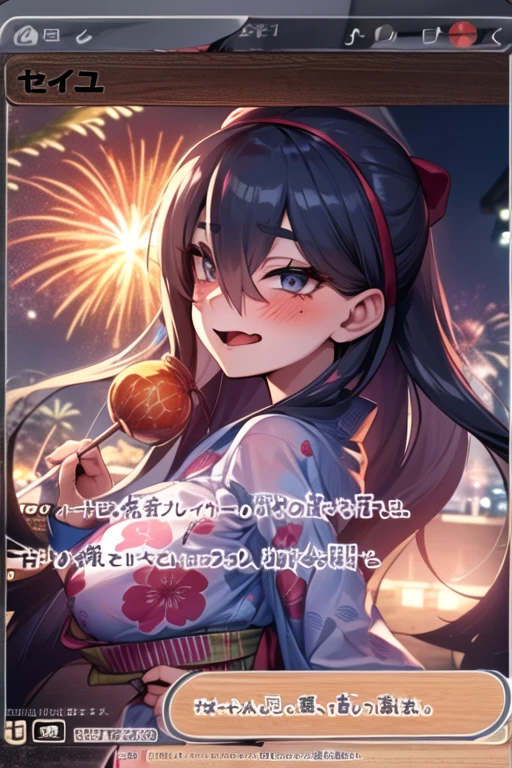yukata、Big Breasts、firework、Licking a candy apple with your tongue、Close one eye