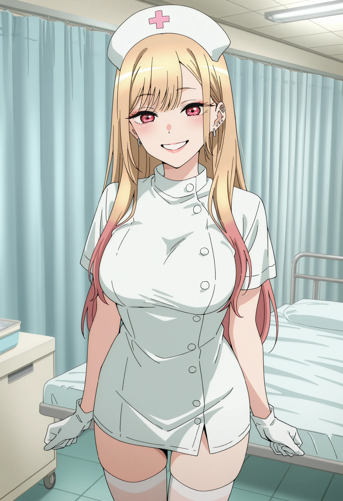 Score_9, score_8_up, score_7_up, source_anime, Marin Kitagawa, 1girl, solo, blonde hair, long hair, multicolored hair, red eyes, earrings, ear piercing, large breasts, (best quality), (high quality), {masterpiece}, extremely delicate and beautiful, ultra-detailed, beautiful detailed eyes, nurse, nurse hat, ((white nurse's outfit)), white gloves, white thighhighs, hospital room, smile, teeth, pink lips, standing