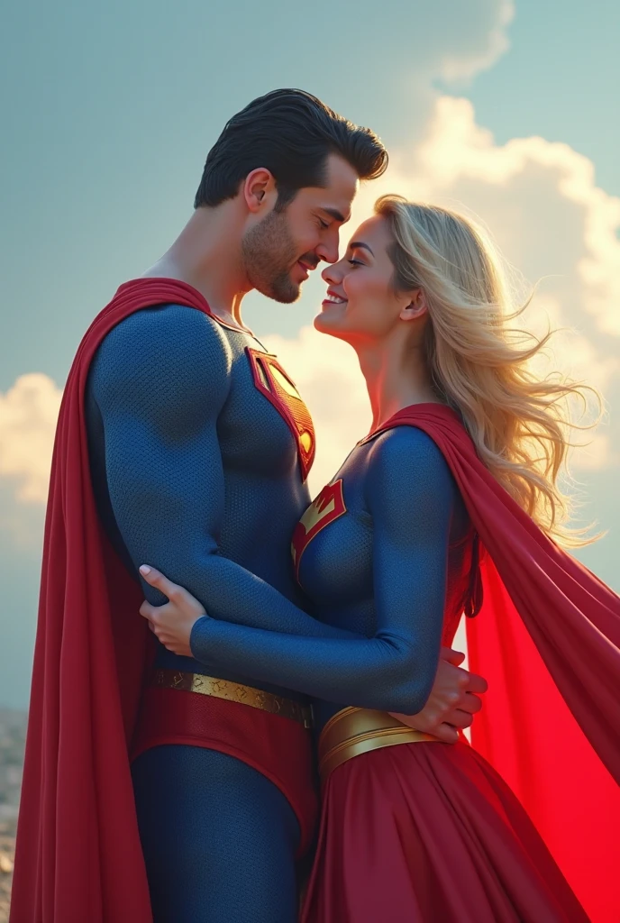 Super girl and superman are kissing, she is pregnant, intimate