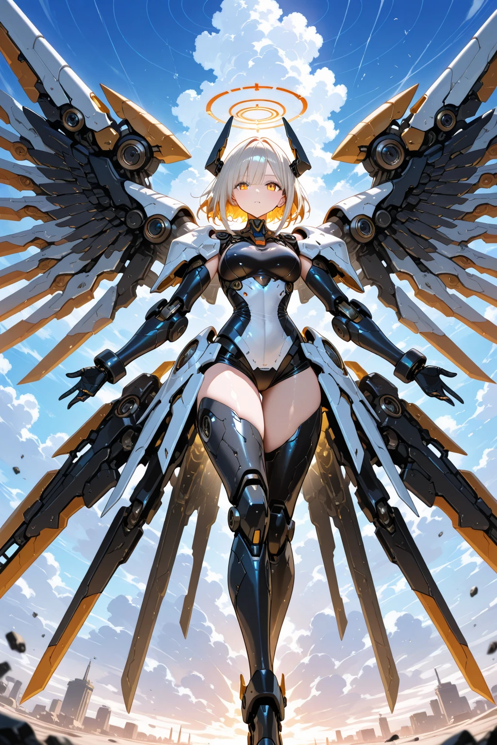 fantasy, 1angel_girl,, ,brown_hair, medium_bob_hair, long_bangs, halo,bare_shoulder,thighhighs,silver_armor, waist_armor, large_breasts,angry,grinning,open_mouth_teeth, 1pair_wings, dynamic_pose_fighting,floating, bare_crotch, headgear,gauntlet, greaves,city_background,slightly_spread_legs, solo, groin_naked,