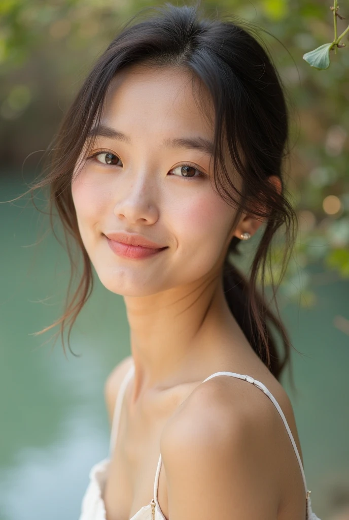 masterpiece High resolution Female student Delicate face Thick eyebrows Deep-set eyelids natural atmosphere boyish 16 years old Dimples Mole Tanuki face Tank top Please open your mouth wide Make fun of them Listen to the Earth、Let's hear that sound