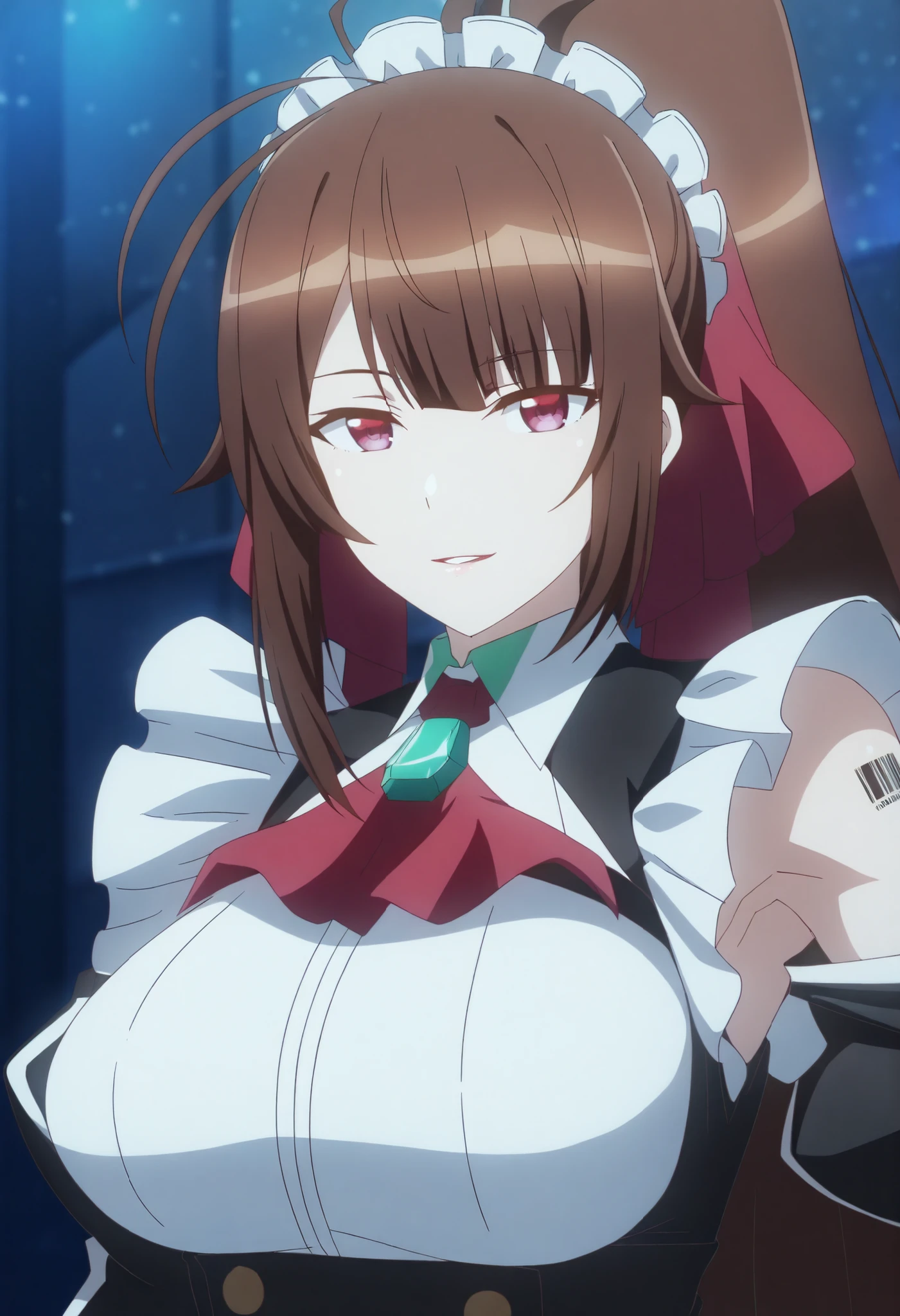 amagi_ilxl, 1girl, solo, brown hair, maid, seductive smile, long hair, ponytail, parted lips, bangs, apron, maid headdress, hair ribbon, ribbon, ahoge, portrait, anime coloring, barcode tattoo on shoulder, looking at viewer, large breasts, night, dark alleyway background, (masterpiece),(best quality),(ultra-detailed),(best illustration),(best shadow),(absurdres),(detailed background),(very aesthetic), armpits