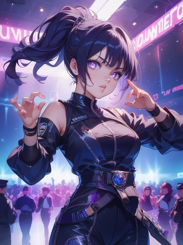 Create an album cover illustration for a pop idol group. The idol has long dark blue hair, purple eyes, and a smile, and is wearing a trendy blue dress. He is holding a microphone and striking a dynamic pose while surrounded by colorful musical notes and stars. The background features a vibrant cityscape with skyscrapers, neon lights, and a starry sky, creating a vibrant and energetic atmosphere.
