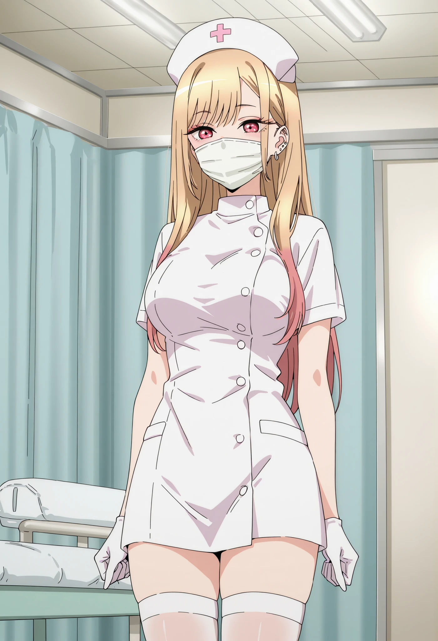Score_9, score_8_up, score_7_up, source_anime, Marin Kitagawa, 1girl, solo, blonde hair, long hair, multicolored hair, red eyes, earrings, ear piercing, large breasts, (best quality), (high quality), {masterpiece}, extremely delicate and beautiful, ultra-detailed, beautiful detailed eyes, nurse, nurse hat, ((white nurse's outfit)), white gloves, white thighhighs, hospital room, ((white mask, mouth mask, covered nose)), standing