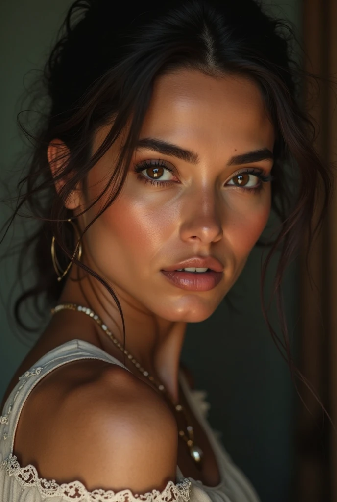 Masterpiece, upper body close-up, aerial view, a beautiful italian girl, white dress with black stripes with neckline, big breasts, black hair, short straight hair, four position in bed, luxurious, night, very detailed lighting, dramatic, digital art trend in Artstation 8k HD high definition detailed realistic, detailed, skin texture, hyper detailed, realistic skin texture, Armor, best quality, ultra high res, (photorealistic: 1.4), high resolution, detailed, Raw photo, Sharp Re, by Lee Jeffries Nikon D850 Film Stock Photography 4 Kodak Portra 400 Camera F1.6 Lens Rich Colors Hyper Realistic Realistic texture UnrealEngine Dramatic lighting trend in ArtStation Cinestill 800