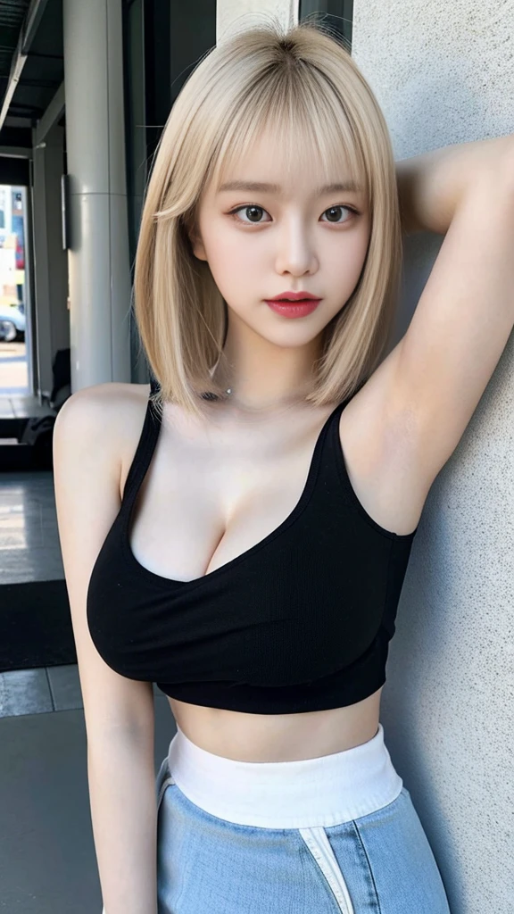 one person、whole body photos、Red polo shirt、Cleavage、Green mini skirt、fun、Blonde、15 years old、whole body、slender、woman、White drool coming out of the mouth、Natural short bob cut、 Fair skin,Super cute、Soft and Face、Brown Hair、8k resolution、Surreal、Ultra high definition、 Soft Body、A-cup small breasts((Highest resolution、8k、masterpiece:1.3))、Ultra-fine face、Ultra Fine Lips、Beautiful Eyes、double eyelid,Slender figure、I can see your thighs、Shapely small breasts、Light blue wall