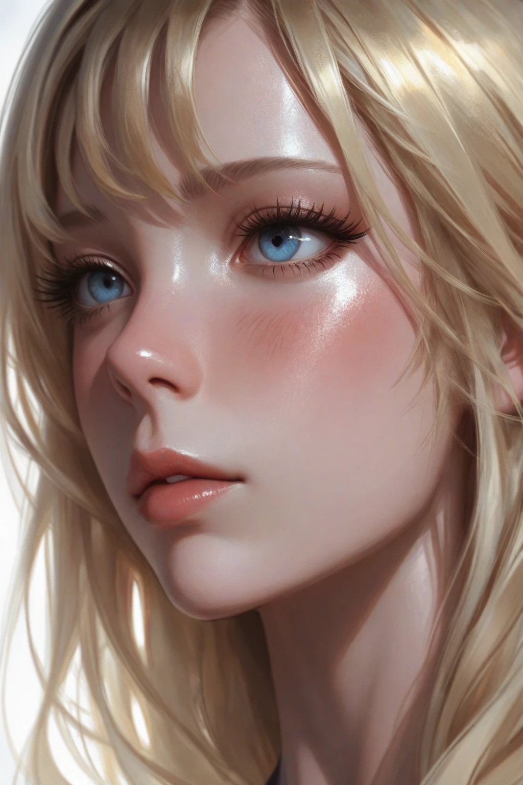 Skinny blonde girl, young, teen, in her bedroom, (highly detailed background, bedroom), wearing a crop top and jeans, pretty face, pink lips, cute, sweet, innocent, beautiful lighting, alone, shy, highly detailed face, (ultra realistic), realistic skin, makeup, lip filler, big pink bimbo lips, (bimbofication), cleavage, big ass, ((highly detailed face, detailed eyes, eye contact) seducing the camera 