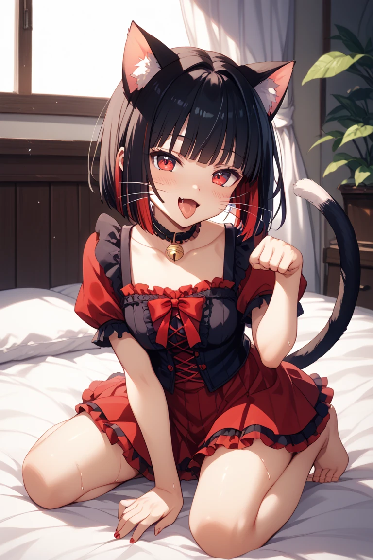Anime filling,Two-dimensional illustration,Red hair,Half Twin Tail,shorth hair,Big eyes,A smile,a beauty girl,cute little,Super Cute,Black cat ears,Red Eyes,Ruffled Clothes,Black lace clothes,Inner colorGreen,One girl,Full body painting,A masterpiece of 2D art,(masterpiece,Top image quality:1.3),(detaile:1.2),(女の子1人)