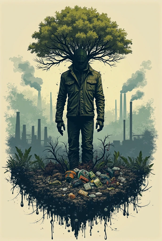 Create a pencil drawing of a human figure split in half. On one side, the figure is composed of industrial elements like factories, smokestacks, and machinery, with smoke and pollution rising into the sky. The other half of the figure is natural, showing detailed sketches of trees, rivers, and animals. The background also transitions, from a lush, healthy environment on the natural side to a desolate, polluted landscape on the industrial side. The pencil strokes vary in intensity, with darker shading for the industrial side and lighter, more delicate lines for the natural side, emphasizing the contrast between human impact and the natural world.