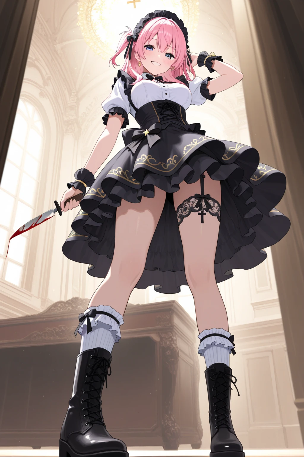 a girl with black voluminous and curly hair dressed like a mahou shoujo with iron maiden (torture instrument) themed in a decay church background