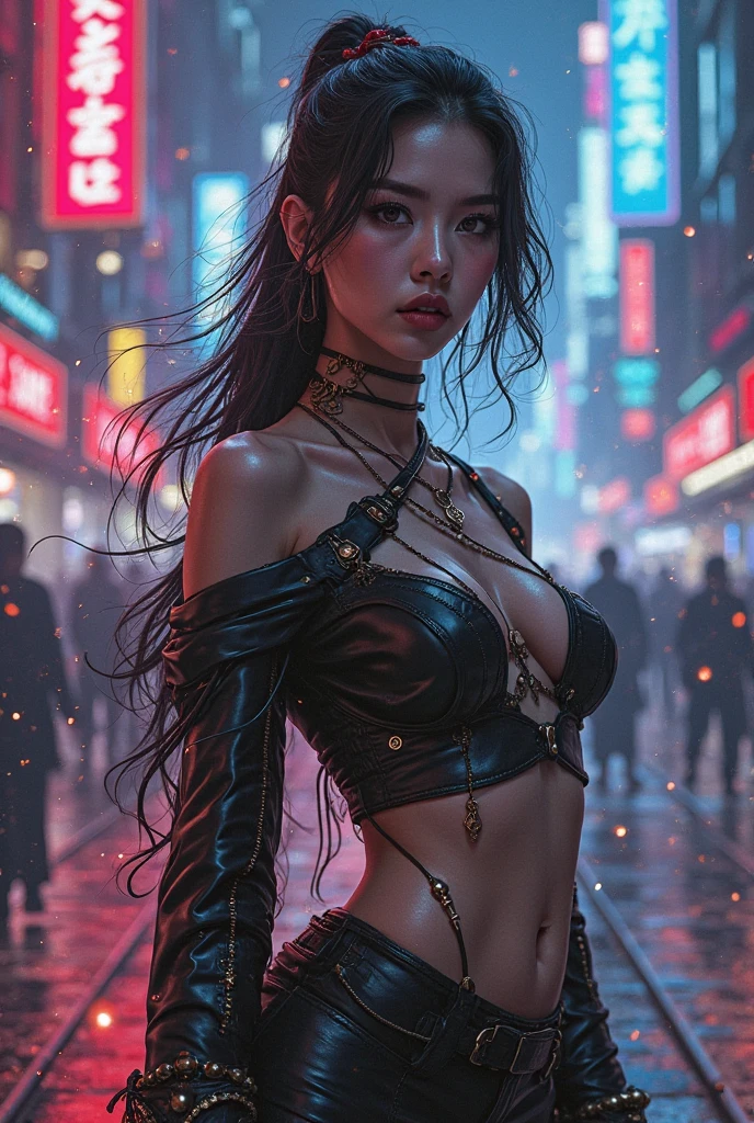 Masterpiece,Best quality, A still from a dark fantasy movie from the 90s,(pastel colour, dim colors, soothing tones:1.5),blend, Medium shot, Bokeh, (hdr:1.4), Masterpiece,conceito, 4K, HD, Cute girl in lingerie, Oriental dancer dress, Bare belly, black colored leggings, (Cinematic, Red and black :0.85), dramatic pose, skinny pants, Cyber City