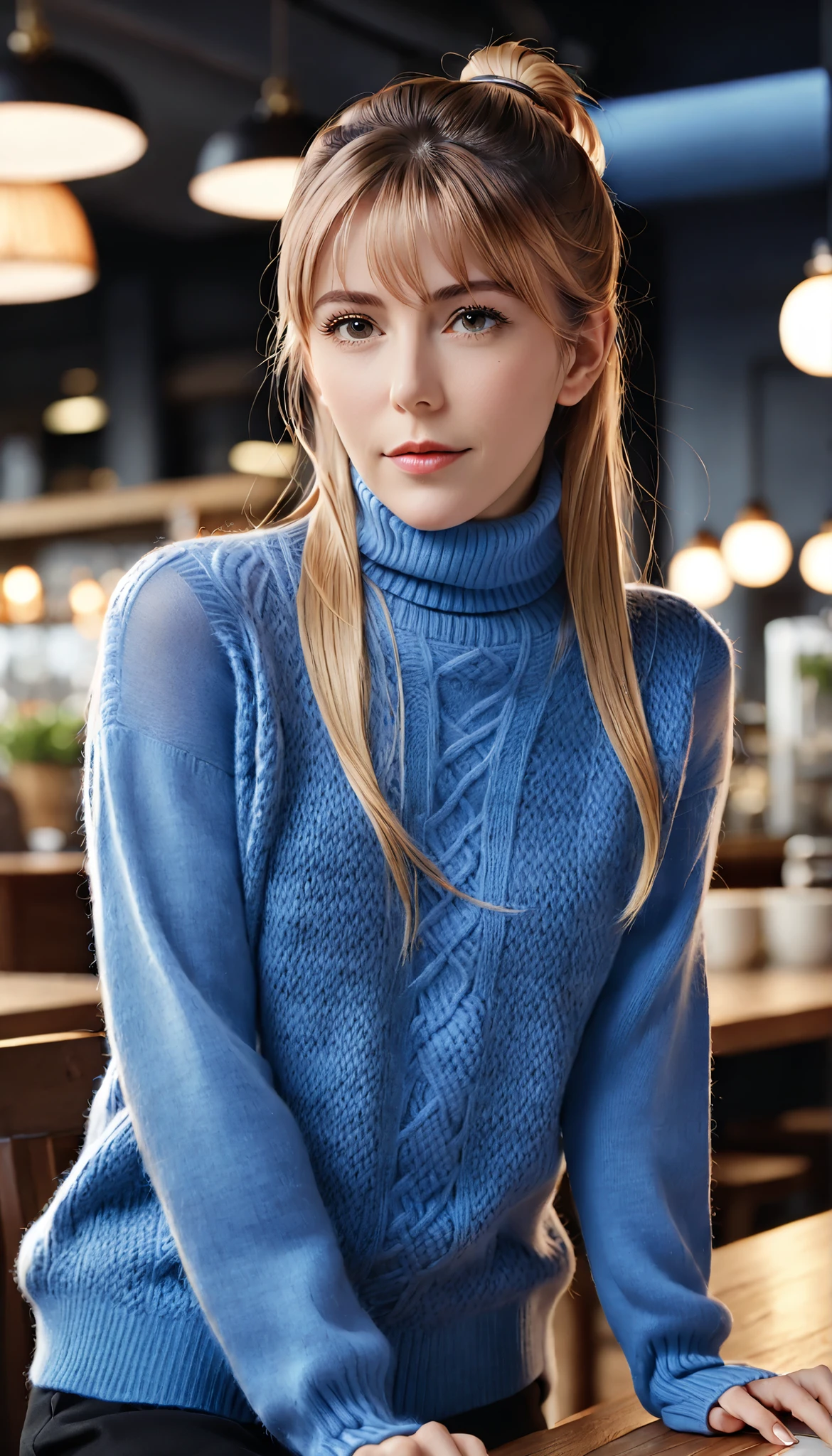 (((masterpiece))),hi-res,very high resolution,(((best quality))),official art,<Lola:addition_detail>,perfect lighting,watching viewers,View across the table,cafe,
1girl,Hamjarvis,Hair on one eye,corn hair bun,sweater,(turtleneck sweater:1.2),Sleeveless Turtlenecks,blush,faint smile,<Lola:JervisAzurLane-09:0.7>,