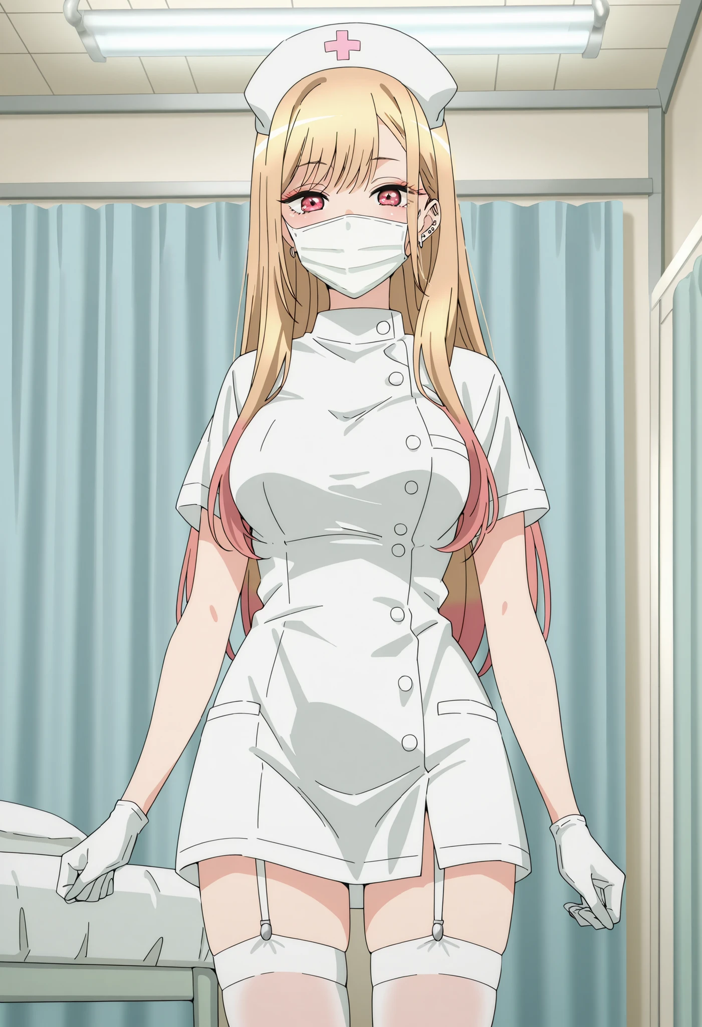 Score_9, score_8_up, score_7_up, source_anime, Marin Kitagawa, 1girl, solo, blonde hair, long hair, multicolored hair, red eyes, earrings, ear piercing, large breasts, (best quality), (high quality), {masterpiece}, extremely delicate and beautiful, ultra-detailed, beautiful detailed eyes, nurse, nurse hat, ((white nurse's outfit)), white gloves, white thighhighs, hospital room, ((white mask, mouth mask, covered nose)), standing
