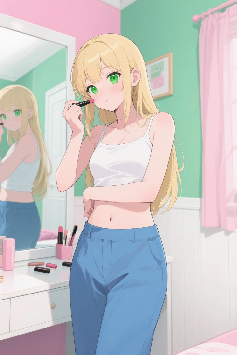 Blonde woman with matching tank top and panties, fille sexy aux yeux bleus, Portrait de Sophie Mudd, Portrait de Corinna Kopf, cheveux blonds et grands yeux, selfie d'une jeune femme, Les yeux dans la chambre, violette myers, ohne Maquillage, maquillage naturel, Regardez directement dans la caméra, Visage avec Artgram, maquillage subtil, Superbe photo du corps entier, dans la chambre, Fission