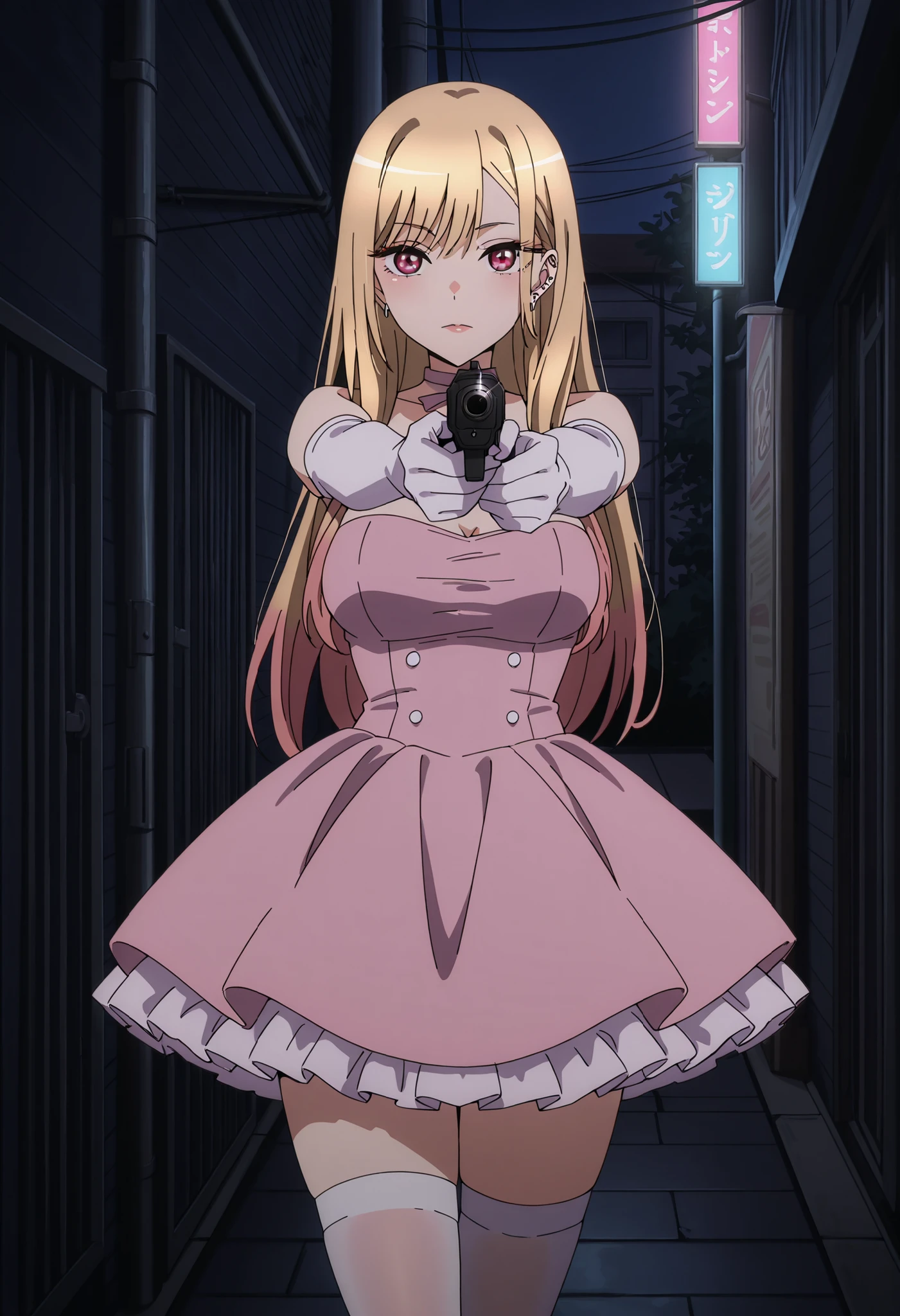 Score_9, score_8_up, score_7_up, source_anime, Marin Kitagawa, 1girl, solo, blonde hair, long hair, multicolored hair, red eyes, earrings, ear piercing, large breasts, (best quality), (high quality), {masterpiece}, extremely delicate and beautiful, ultra-detailed, beautiful detailed eyes, idol, idol costume, pink dress, white elbow gloves, white thighhighs, in the backalley, night, holding handgun, aiming at viewer, glare, pink lips, closed mouth, standing