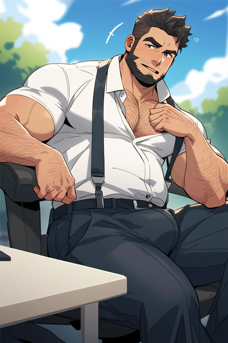 Author: bontiage, (1 boy), One, tiger, big bulge crotch, masturbation, pants, long sleeve plain shirt, necktie, Men's Second, kemono, hot body, muscle, Beautiful, sexual, Attractive guy, (Detailed black eyes), brows, (masterpiece, A high resolution, Best quality), 4K, a male, Beautiful shadow