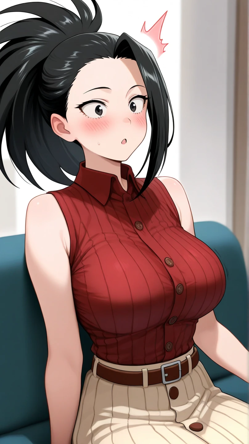 Amazing portrait of a woman who is 30 years old and an adult and a sexy and cute woman with black hair in two pigtails with a beautiful and plump face with seductive brown eyes and medium nose with a deep pink blush and glossy red lips smiling with a long neck and visible collarbone wearing a tight red t crop top showcasing her midriff and abs and a black skirt with black fishnet leggings sitting on a table in an intimate moment during night time with soft lighting showcasing her red lips and her beautiful face in detail and close up