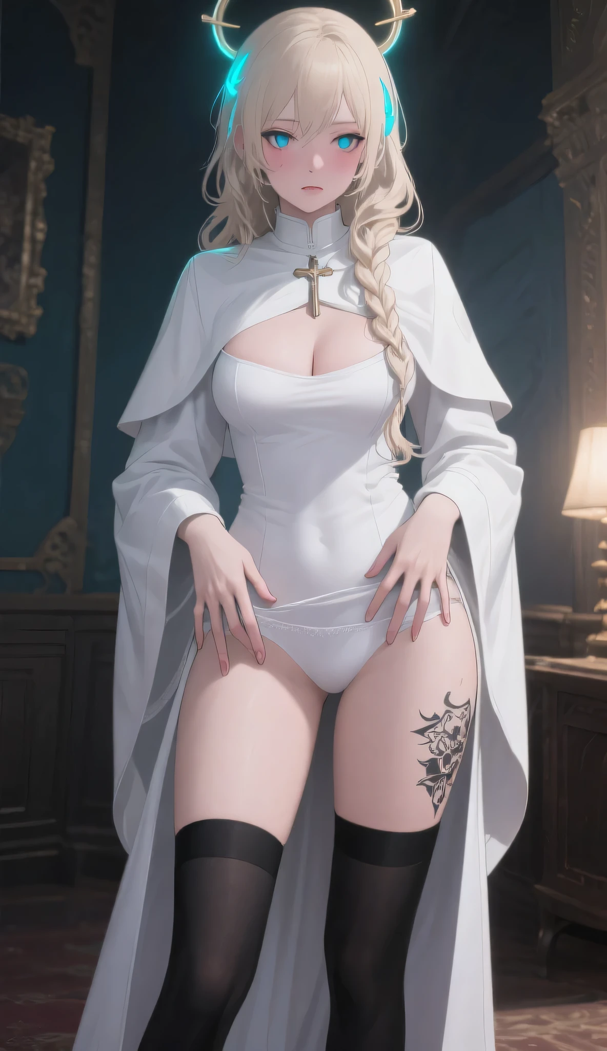 (pieces fly), (works of art), (Amazing work), (fine eyes), (delicate skin), (colorful eyes), (short white hair with bangs), (sparkling eyes), (1 girl) ,(small breasts),thin legs,With witch's hat, old, old, Wear extravagant medieval clothing, pieces fly, highest quality, The best Desinger, best illustrations,Pissing,Gonzo,full shot,knee socks