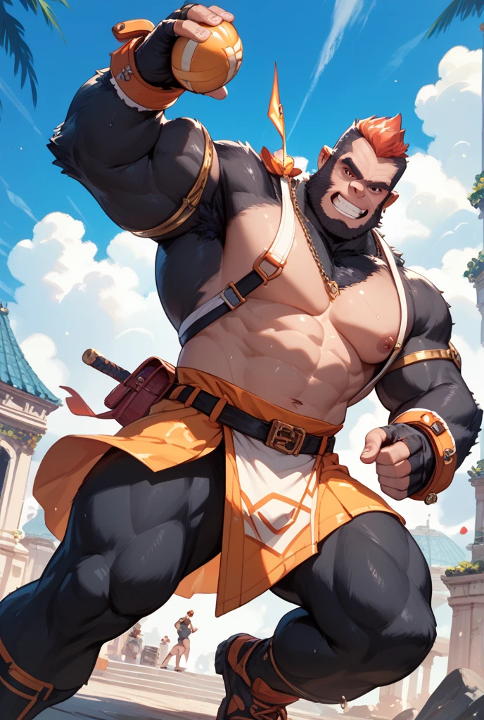 SemiMuscular, male middle aged, belly, (anthro monkey:1.3), thin beard, dark brown skin,((hairy torso, hairy arms,):1.5), hairy belly, pole dancing on a stage:1.2, dynamic light, shirtless, dreadlocks, brown and green hair and beard, harem pants, bulge, extremely hot and sexy, sexy moves, Daddy figure, hot daddy, by darkgem, by zixiong, by glitter trap boy