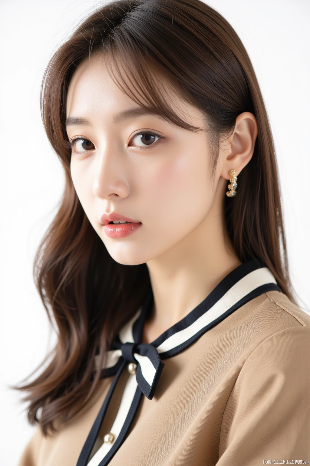 ((Highest quality, 8K, masterpiece:1.3)), concentrate: 1.2, Perfect body beauty: 1.4, : 1.2, ((Long Hair, : 1.2)), (Dry clothes: 1.1) , (clear, Simple Background:1.3), Simple clothes: 1.1, Highly detailed face and skin texture,Delicate eyes, double eyelid, Whitened skin, Rough skin、Long Hair、Earrings with bangs、necklace、 solo、Beige coat、White shirt,  (((Beautiful girl with cute Japan)))、  ((Beautiful Japanese girl 20 years old))、 ((Baby Face))、 (((Slender body)))、  Upper Body，Face focus、necklace，Simple Background，From above， Realistic Hair、 A photograph was taken:Canon EOS R6、135mm、1/1250 seconds、f2.8、ISO400、(Detailed explanation of the hand)、(Masseter muscle area)、(Exquisite CG)、Long Hair, loose and curly hair、Korean Hair、Long Hair明るいベージュ色、グラデーションハイライトグレージュのゆるふわLong Hairスタイル、