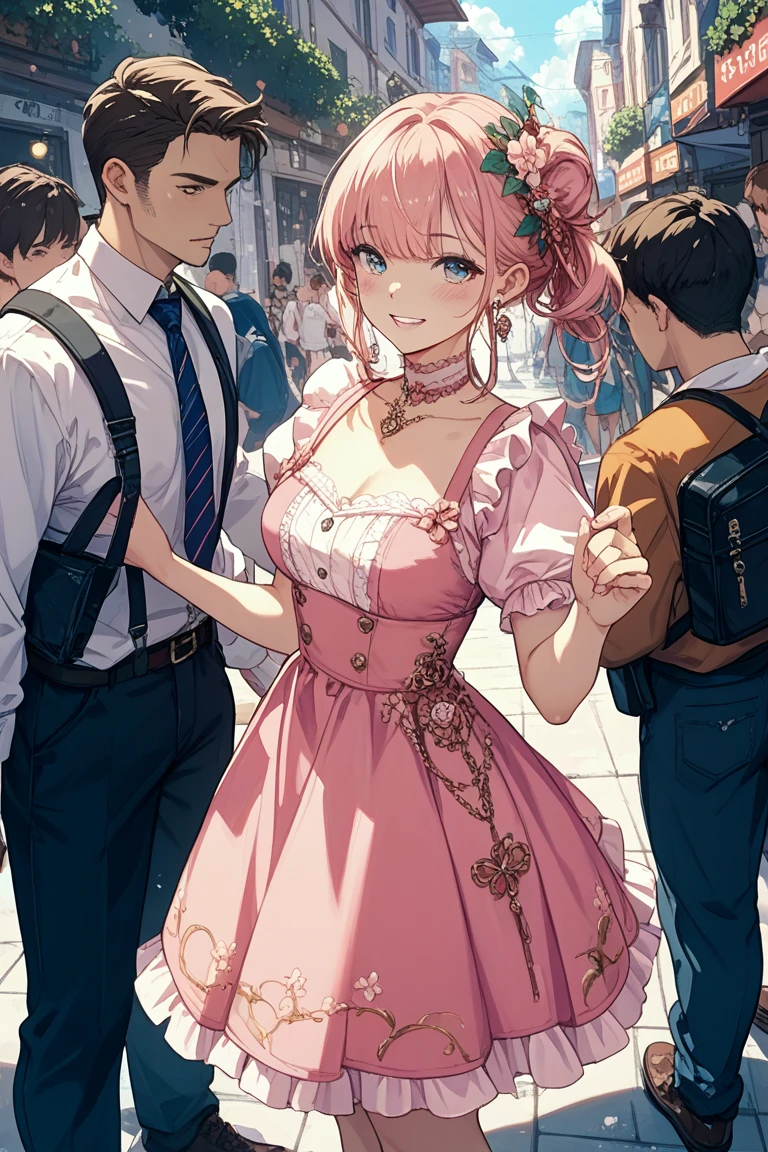 tmasterpiece, style of anime, A detailed, illustratio, Beautiful detailed eyes, closeup cleavage,There was a boy and a girl。The girl is gray haired,The pink dress has a bow on it。The boy is dark-haired,comma hair,black t-shirts,white pantie。Boys and girls holding hands in the street。
