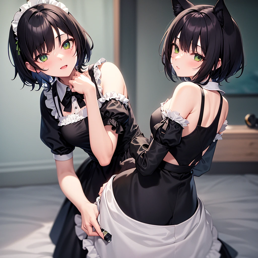 (top-quality)、(detaileds)、(1 girl in)、Colossal tits、livingroom、looking at viewert、Beautiful green eyes、A dark-haired、detaileds、maid clothes、black and white maid uniform、Highly exposed、Bend over in a deep valley、embarrassed from